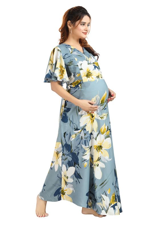 Image of CLOUD SOFT Women's Rayon Cotton Floral Printed Maternity Feeding Gown | Full-Length Nursing Nighty with Zipper | Pre & Post Pregnancy Dress (CS11004-5 MT All)