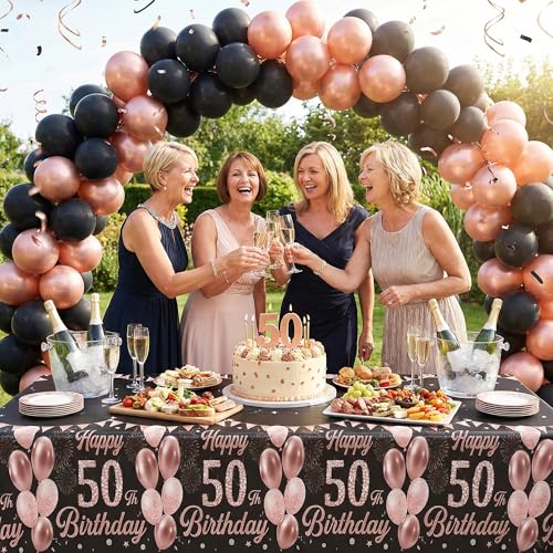 Image of Labeol 3 Pack 50th Birthday Decorations for Women - Happy 50th Birthday Tablecloth, Black and Rose Gold 50th Birthday Table Cover, 54 x 108 Inch Rectangular Disposable Party Supplies