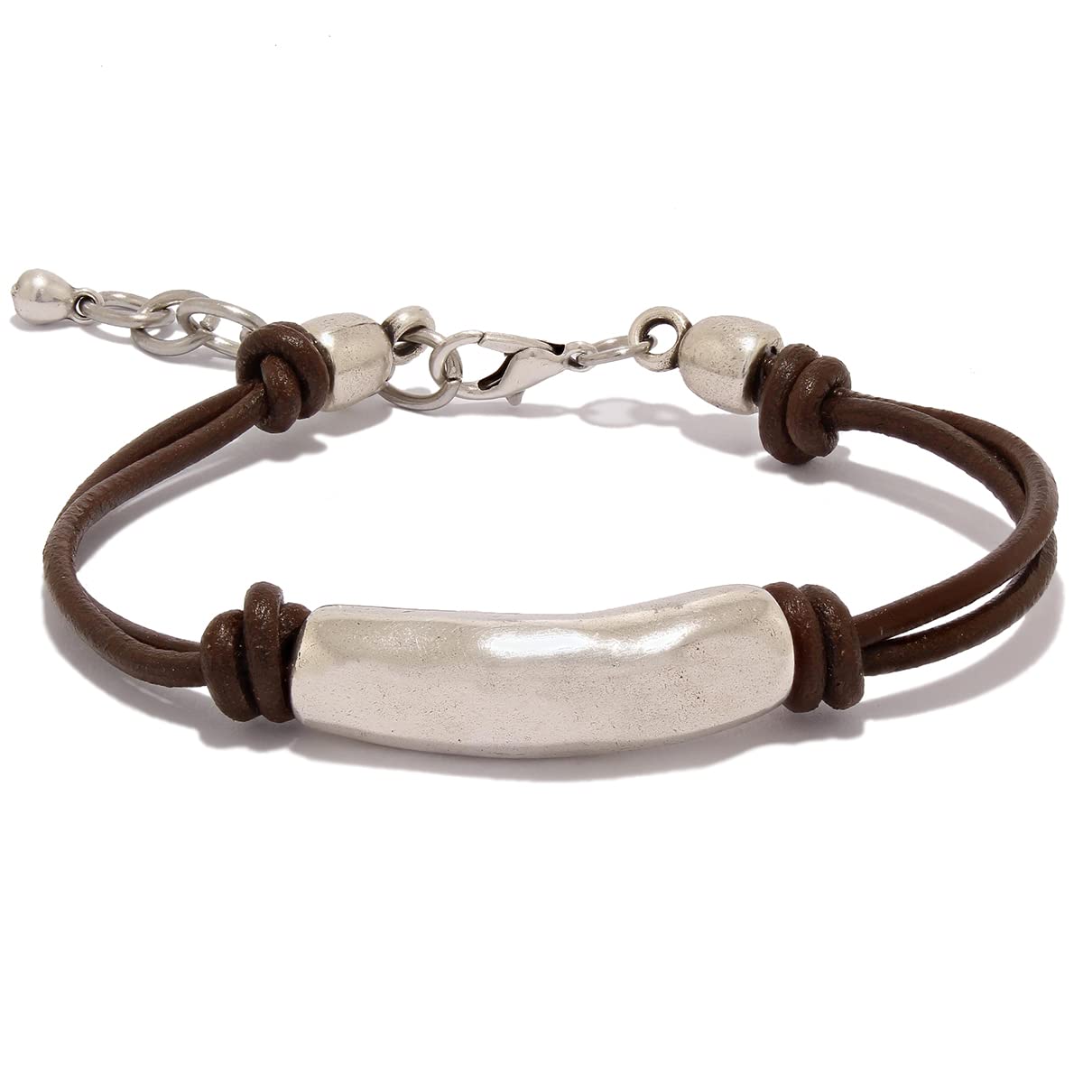 Pulsera de cuero marrón para mujer hecho por Intendenciajewels – Hecho a mano - Pulsera bohemia - Joyas para mujer - Pulsera de cuero y plata - Pulsera ajustable de 16-19,5 cm.