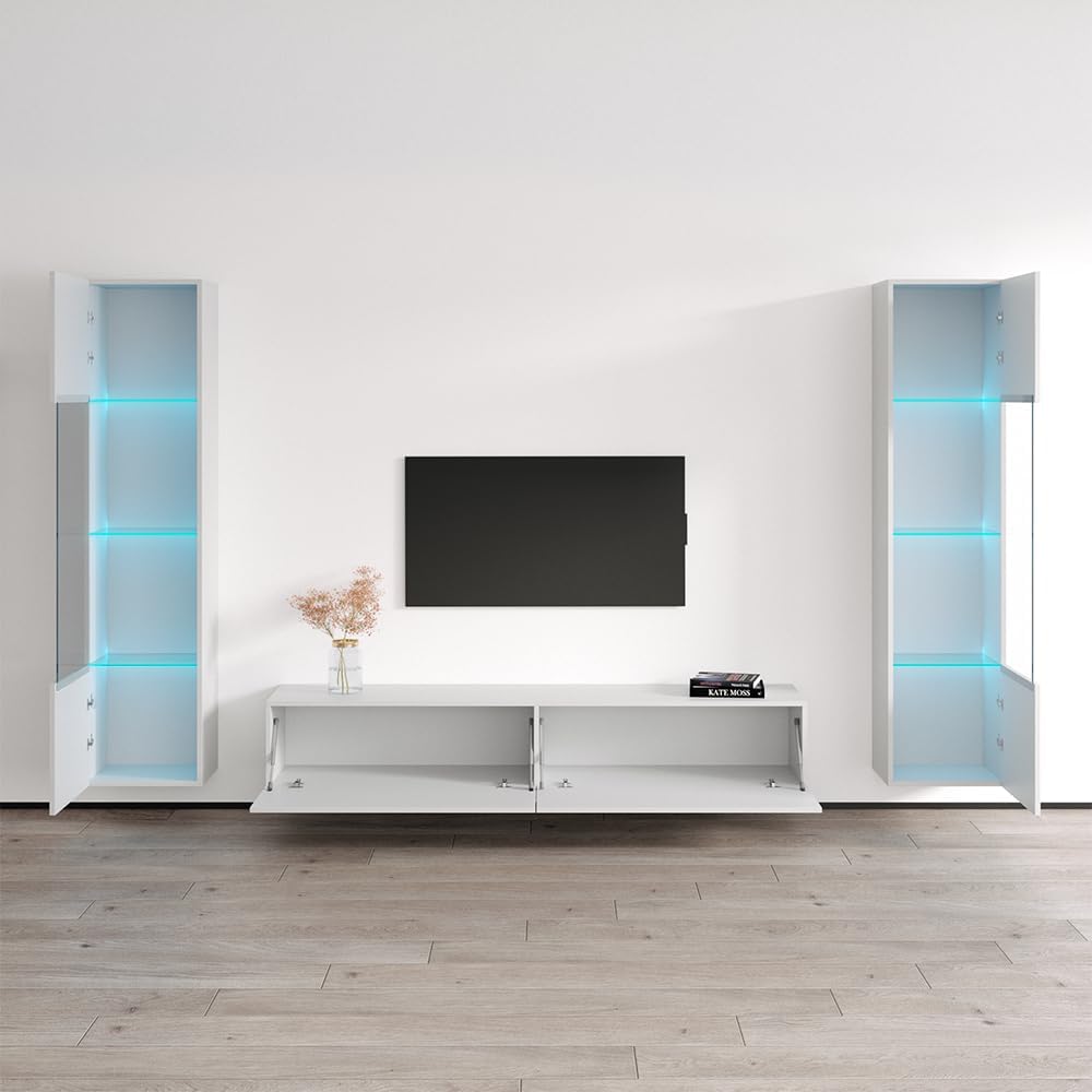 Meble Furniture Berno 42'' Wall-Mounted Entertainment Center — Floating TV Stand with Storage and Bookcase — Modern High Gloss and Matte Finish, 42 x 15 x 12 in — White