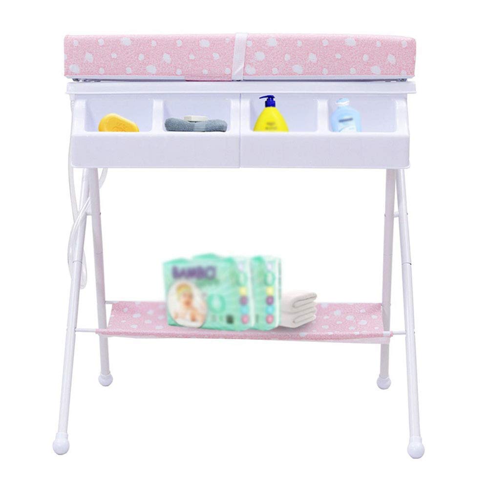 FAXIOAWA Fasciatoio per Neonati Rosa, Stazione per Il Bagno con Pannolini 2 in 1, fasciatoio Pieghevole, cassettiera per Vasca da Bagno, Alta 91 cm
