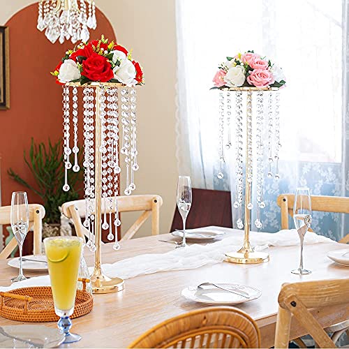 21.6In Bead Crystal Flower Arrangement Stand, Golden Flower Holder 2-Piece Lead Road Candle Holder, Use For Home Party Wedding Anniversary Christmas Decorations #TOP3