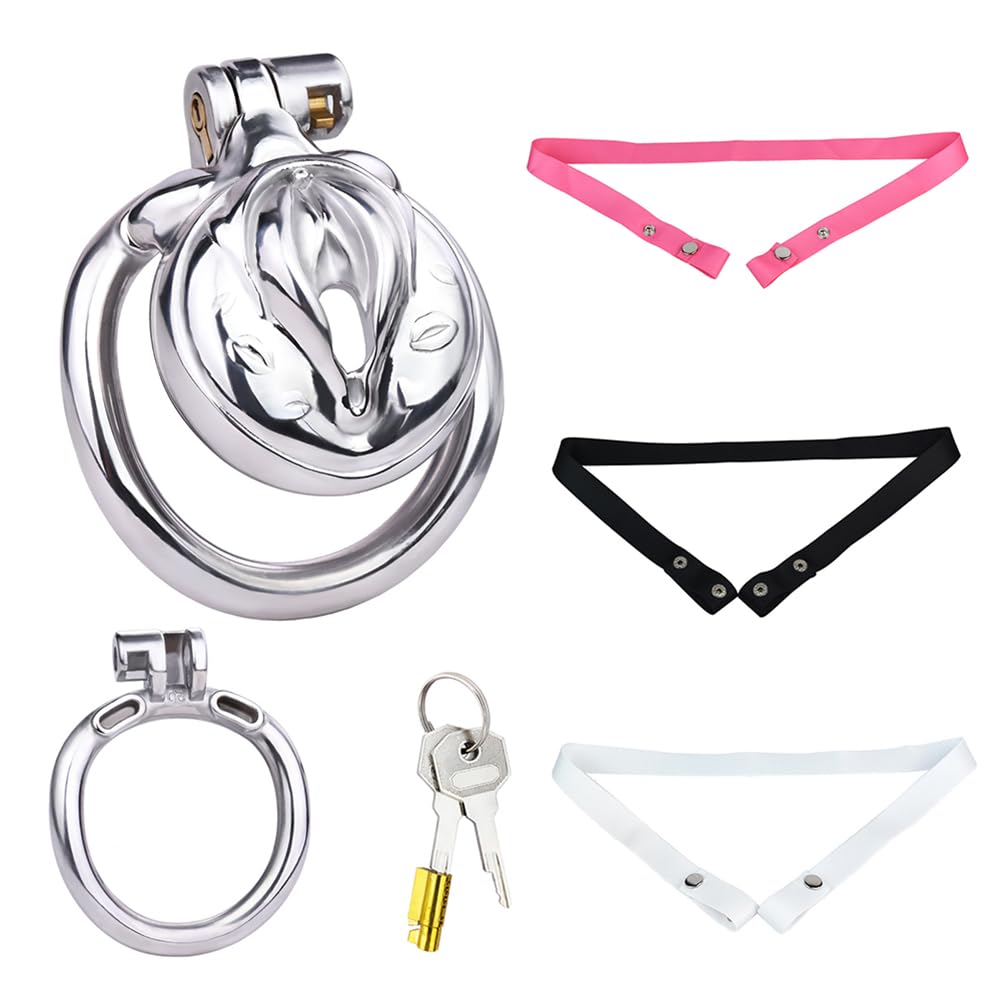 Kuaecr Edelstahl Keuschheitsgürtel Chastity Belt Peniskäfig Sissy-Vagina Leder Einstellbare Größe Zum Behoben Von Keuschheitskäfigen Mit Penisringen SM Sexspielzeug Für Männer (Weißer Gürtel 50MM)