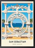 Fine Artic Cuadro de San Sebastián - Poster Retro con Marco de madera Negro - Arte mural de la Bahía de La Concha decoración de Salón - Cuadros de Viajes País Vasco