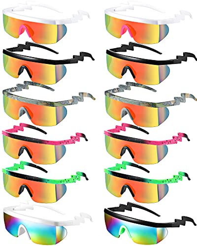 Fabbay 12 Pairs 90s Sunglasses Neon Semi Rimless Rainbow 80s Zigzag Sunglasses Goggle Style Retro Rave Shades Glasses for Men Women Halloween Cosplay