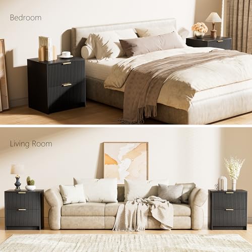 Image of Furniway Nightstands Set of 2, Fluted Nightstand with Gold Metal Handles and 2 Drawers, Modern Bedside Table, 19.6 inch Wide Wood End Table for Bedroom, Black