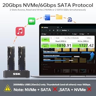 SSK M.2 NVMe SATA SSD Clonazione Docking Station, 20Gbps USB 3.2 Gen 2x2 Hard Disk Docking Station Dual Bay M.2 SSD Case Adattatore USB per lettore SSD PCIe M-Key con funzione clone offline