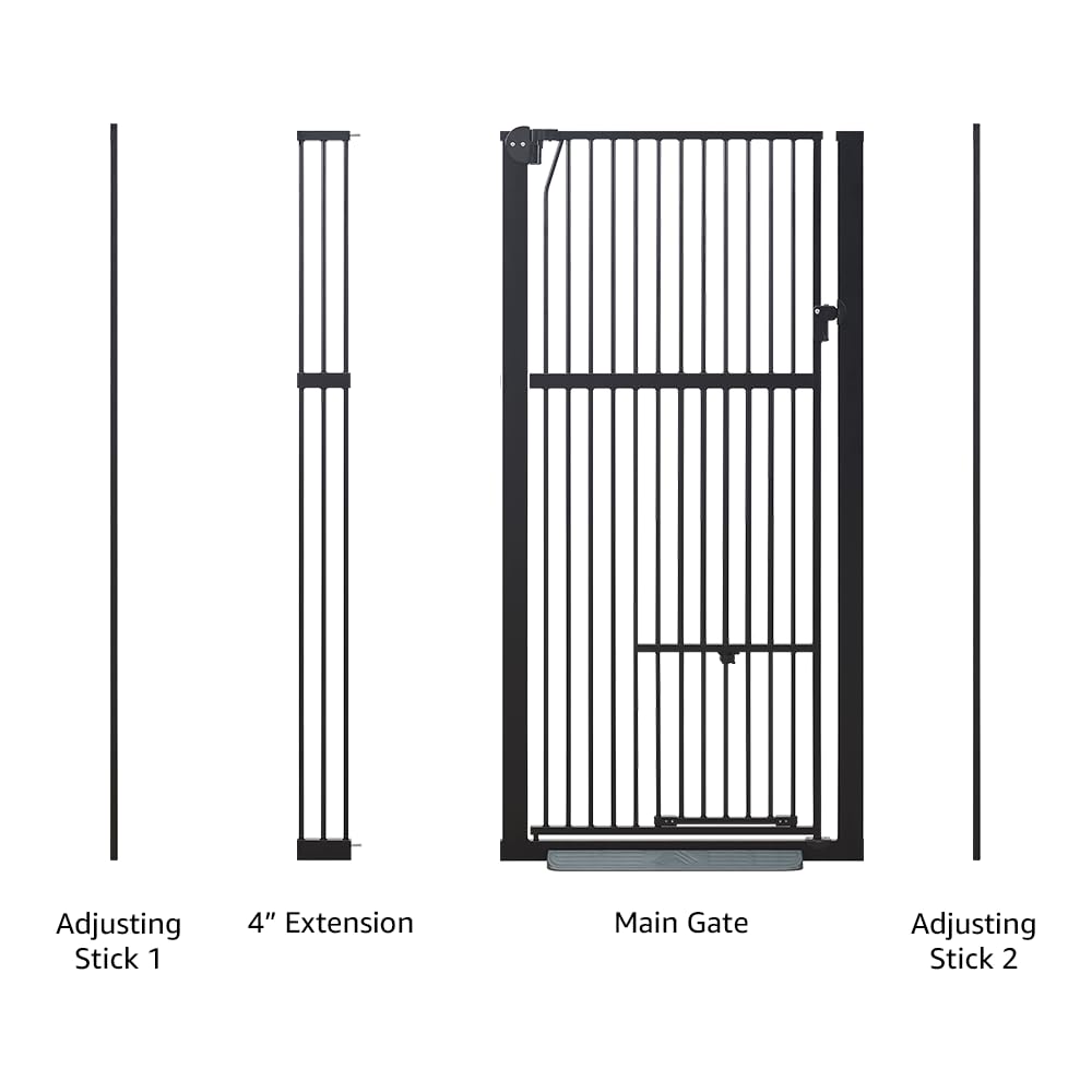 Unipaws - Barrera de seguridad extra alta (142 cm, para perros y gatos, ancho 79-95 cm, fijación por presión sin taladro, para escalera o puerta, cierre automático, color negro