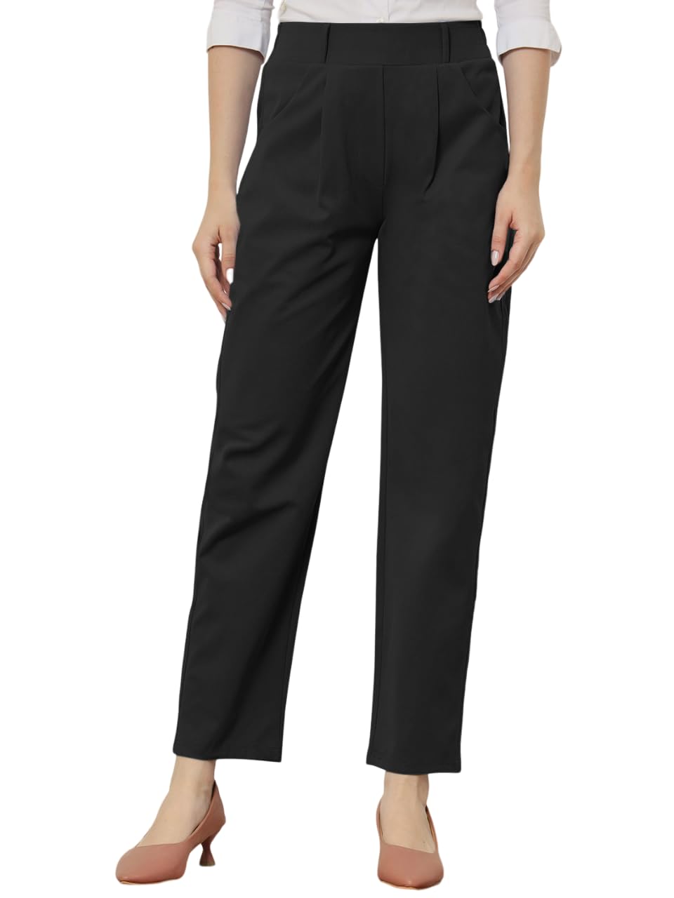 Women's Regular Fit High Rise Pleated Cotton Cigerette Trousers-picture-24