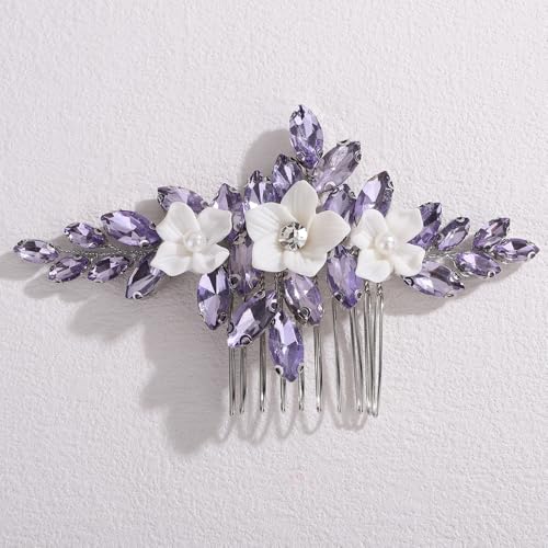 Peine para cabello con flores y rhinestones morado claro miniatura 2