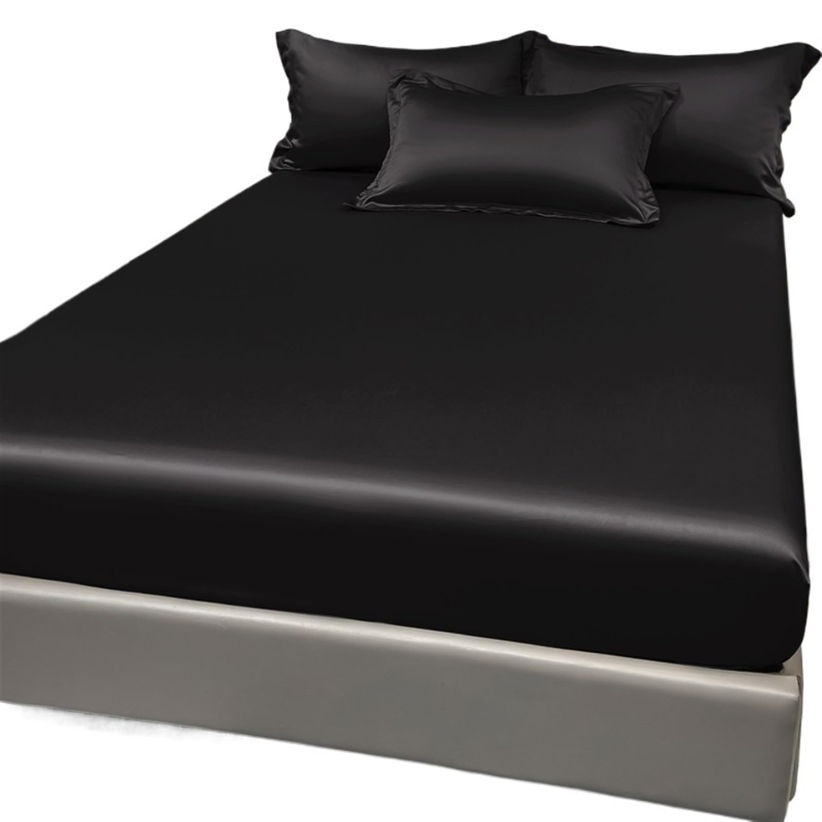 Fitted Sheet 1Pc Satin Solid Color Fitted Sheet, Ice Silk Bedspread For Bedroom, Bedding (Excluding Pillowcases)(Black,153x203cm)