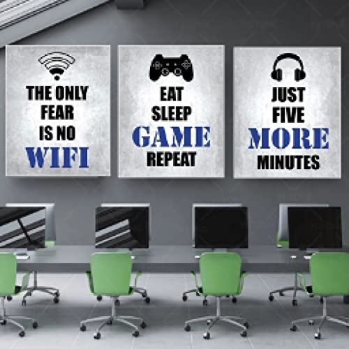Jeu vidéo affiche toile gamer décoration chambre ado lot de 3 noir blanc bleu 30x45cm