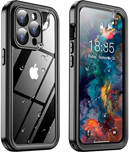 Temdan for iPhone 14 Pro Case Waterproof,Built-in 9H Tempered Glass Screen Protector [IP68 Underwater][14FT Military Dropproof][Dustproof][Real 360] Full Body Shockproof Phone Case-Black/Clear