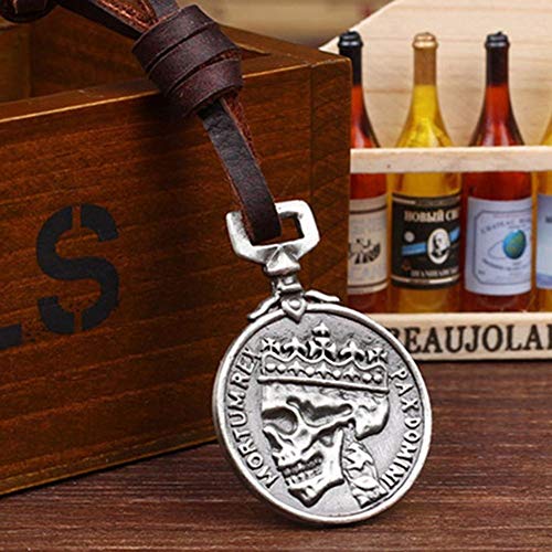 Classic Coin Brown Leather Pendant Necklace Skull Steampunk Chunky Pendants Jewelry for Men2