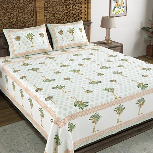 Image of BLOCKS OF INDIA Hand Block Printed 200 TC Cotton Super King Size Bedsheet(106 x 106) (Green Tree)