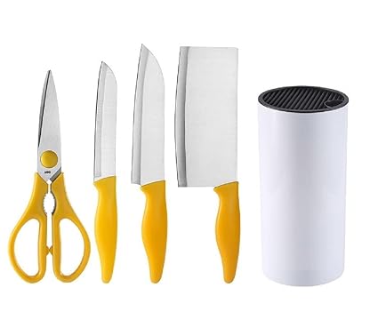 HENIJ 5 Piece Stainless Steel Kitchen Knife Set with Plastic Block for Home Cooking Culinary School Commercial Kitchen (Yellow)