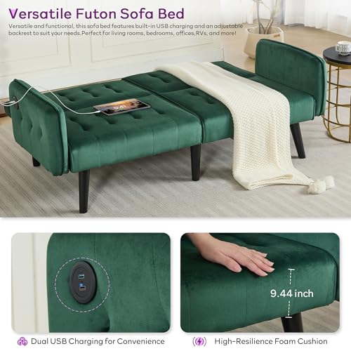 Image of TYBOATLE 65 inch W Velvet Modern Convertible Folding Futon Couch Sofa Bed w / 2 USB Charging Ports and arms, Loveseat for Living Room, Office, Apartment, Bedroom (Green)
