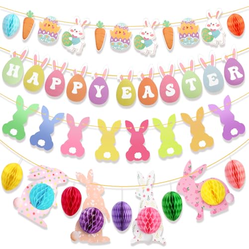 HOWAF Banderines Pascua Decoracion, Banderines Happy Easter Pancarta de Huevos Conejos Guirnalda de Pascua para Easter Decorations