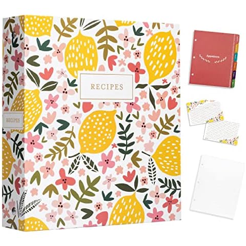 Jot & Mark Recipe Organizer 3 Ring Binder Set (Summer Citrus) | 50 Recipe Cards 4x6, Full Page Dividers and Plastic Page Protectors Cover