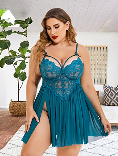Image of Avidlove Plus Size Lingerie Lace Babydoll Womens Strap Chemise Nightgown V Neck Nighty Mesh Sleepwear Side Slit Nightdress