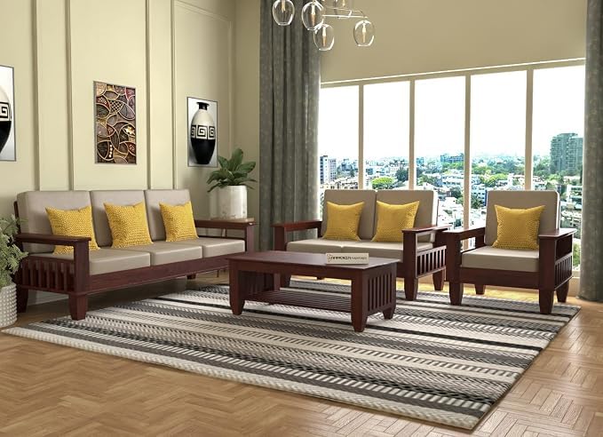 Image of Sheesham Wooden 6 Seater Sofa for Living Room | Rosewood 6 Seater Cushion Sofa with Side Newspaper Holder for Home & Office | Solid Wood Sofa Set for Lounge (Mahogany,3+2+1 Seater)