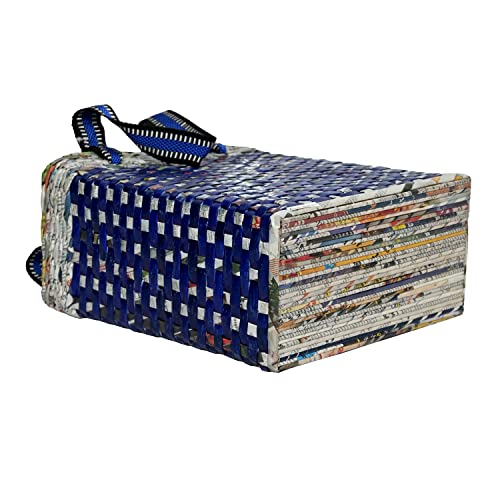 Image of Paperus Re-usable Small Blue Check Tote, Carry Bag, Shopping Bag, Handbag, Tiffin Basket, Lunch Bag, Eco-friendly Handmade of Paper Ropes 11 In Tall 10 In Length 5 In Wide Base