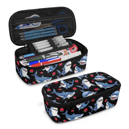 Image of Kids Pencil Case Shark Strawberries Pencil Pouch Large Storage,Black Pencil Bag for Boys Girls Lightweight Pencil Container for Preschool Elementary Children Pencil Box for Daily Study