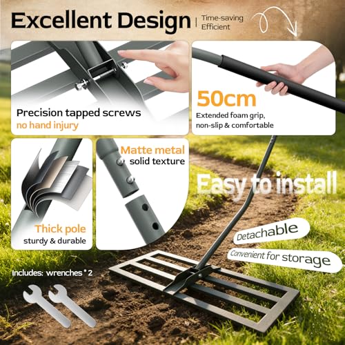 Image of Lawn Leveling Rake -31.5''x11.8'' Heavy Duty Leveling Rake, Ergonomic Handle, Professional Ground Leveler for Yard, Soil, Grading, Gravel, Seeding, Do Not Hurt Turf, Save Effort