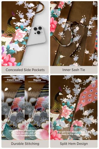 Image of BABEYOND Women's Kimono Robe Long Satin Robes with Peacock and Blossoms Printed Kimono Nightgown