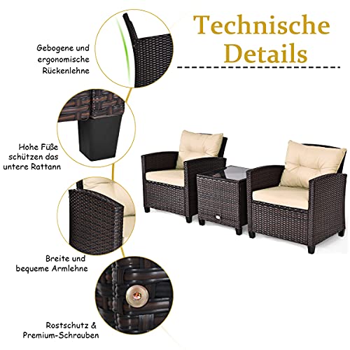 COSTWAY 3-TLG. Polyrattan Lounge Set, Gartenmöbel Rattan Sitzgruppe mit Sitzkissen & Couchtisch, Rattantisch und Stühle… – Bild 6