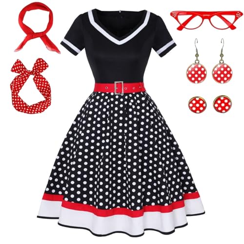 maxToonrain - Costume vintage des années 50 pour femme avec pois, accessoires (écharpe, bandeau, boucles d'oreilles, lunettes) (7 pièces), noir/rouge, L