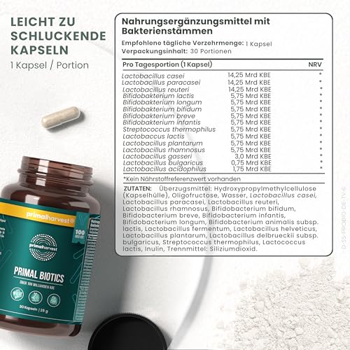 Primal Harvest ® Biotics - 2 Pack -60 Kapseln - 15 Bakterienstämme - 100 Mrd KBE + Inulin und Lebendkulturen - Laborgetestet - Magensaftresistente Kapseln