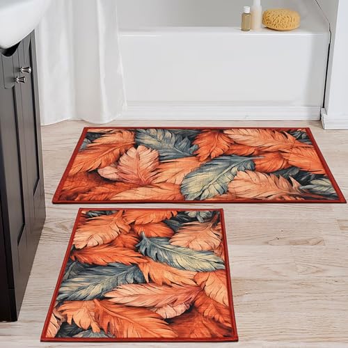 Image of Digital Printed Bathmat Set of 2 | Anti-Skid Mess Backing | Large & Small Combo | Water Absorbent, Quick Dry, Soft Floor Mat for Bathroom & Home Color - Floral Printed Orange and Grey