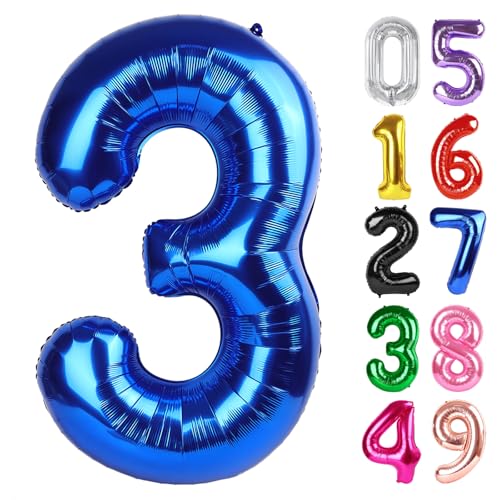 Image of Metallic Blue Number 3 Balloon 40 Inch, 3rd Birthday Celebration Supplies Women Men, 3 Balloon for Theme Party