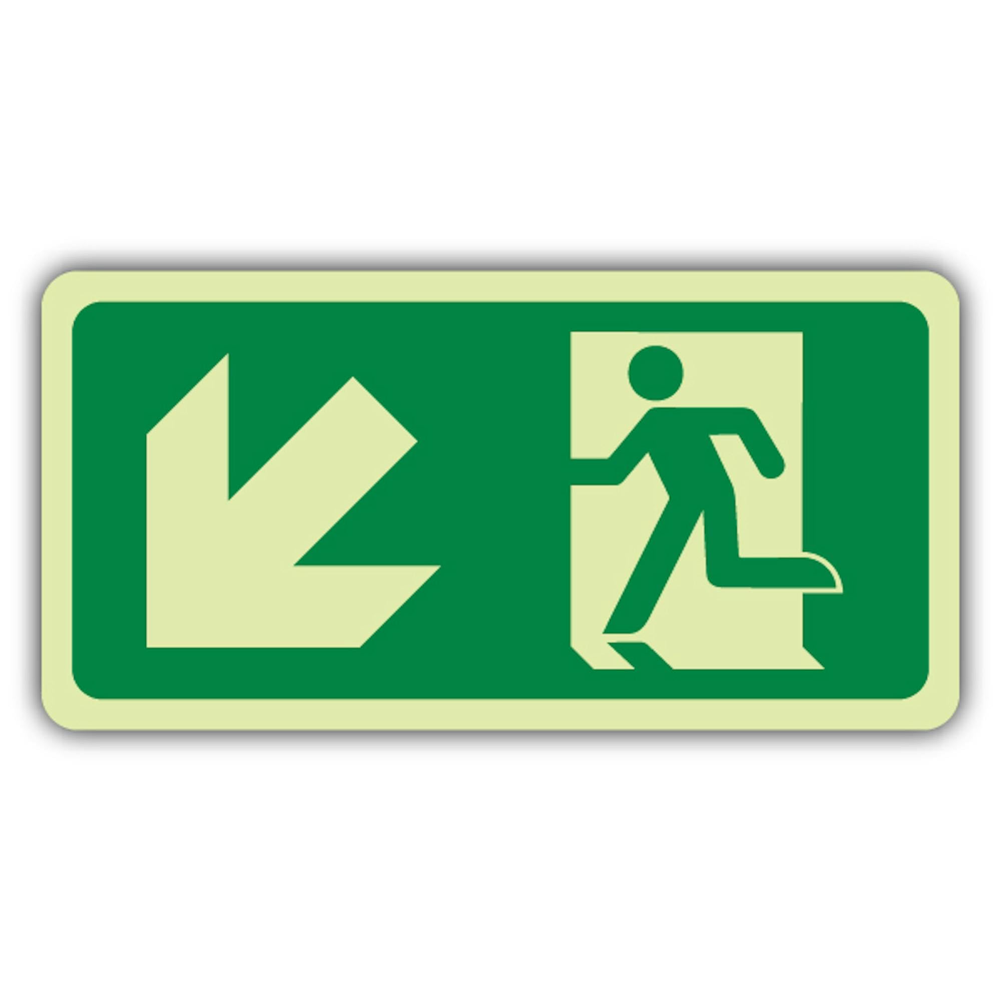 V Safety - Señal de seguridad que brilla en la oscuridad, con texto en inglés "Fire Exit Man Running Down Left - 600 x 300 mm, hecho de plástico rígido de doble brillo, señalización de seguridad
