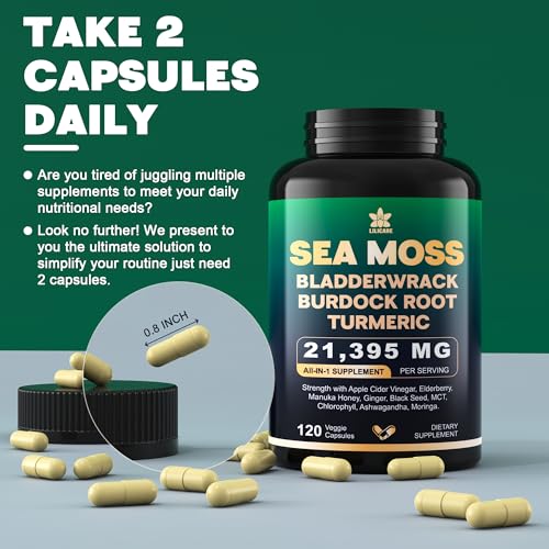 Irish Sea Moss Capsules 21395mg, Organic Sea Moss, Bladderwrack, Burdock Root, Turmeric, Black Seed Oil, Ashwagandha 16-in-1 Sea Moss Supplement