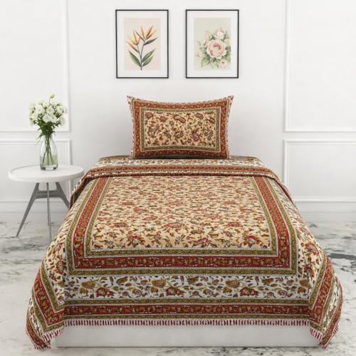 Image of elanorhomes 100% Cotton 240 TC Single Bed Sheet Set | Floral Hand Printed Bedsheet with Pillow Cover | Soft Breathable Fabric for Bedroom | 60x90 Inches (Scarlet Tide)