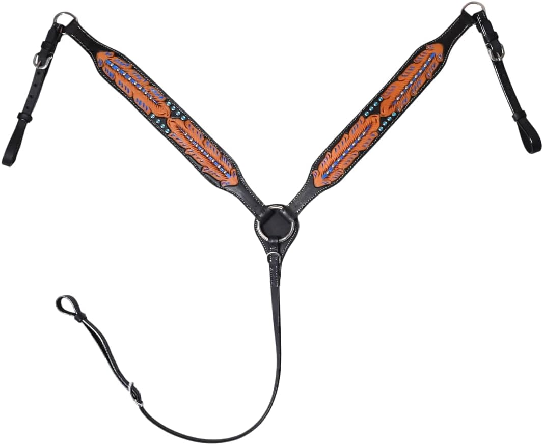 Western Leather Horse Breast Collar, Brown and Turquoise Aztec Pattern, Standard Size with Adjustable Buckles, Premium Tooled Design for Horse Riding