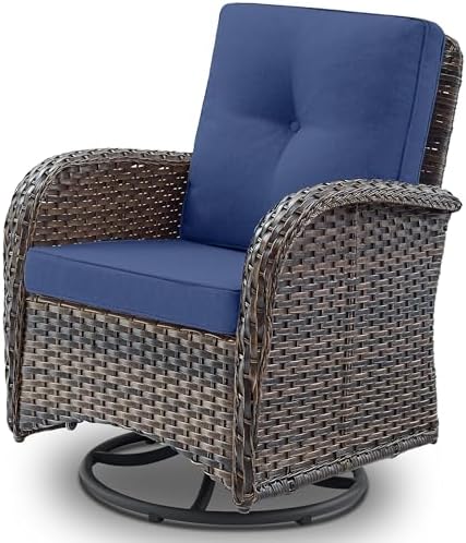Patio Furniture Swivel Glider PE Wicker Chairs, Outdoor Swivel Rocker Seating with Cushions for Porch Deck Balcony, Brown Wicker Blue Cushion