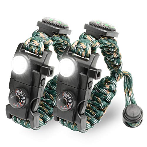 LeMotech 21 in 1 Adjustable Paracord Survival Bracelet, Tactical Emergency Gear Kit Includes SOS LED Flashlight, Bigger Compass, Thermometer, Rescue Whistle and Fire Starter - Outdoor Hiking Camping