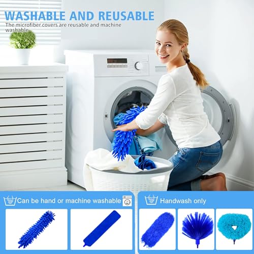 Image of Duster with Extension Pole - Royal Blue | 6-in-1 Kit Dusters for Cleaning, Extendable Duster with 100 Inches, Microfiber Dusters for Ceiling Fans, Furniture, Blinds
