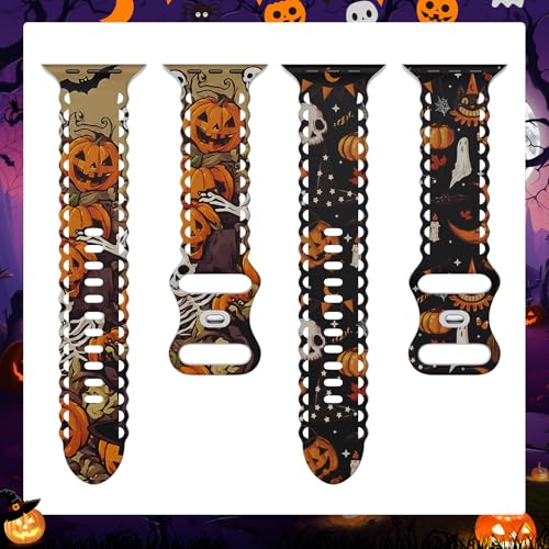 Image of Compatible with Apple Watch Band 41mm 40mm 38mm 49mm 45mm 44mm 42mm Women Girl, Halloween Hollow Soft Silicone Sports Strap For iWatch Ultra SE Series 10 9 8 7 6 5 4 3 2, Skull Pumpkin-42