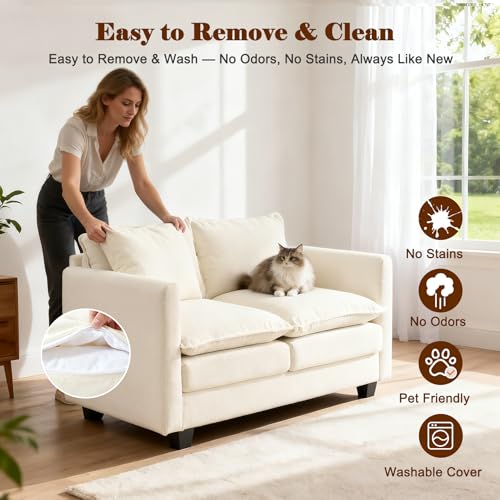 Image of 50'' Loveseat Sofa Cloud Sofa Couch, Modern Loveseats 2 Seat Couch 27 inch Deep Seat with 2 Pillows for Small Spaces Apartment Studio Office Bedroom Living Room, Beige