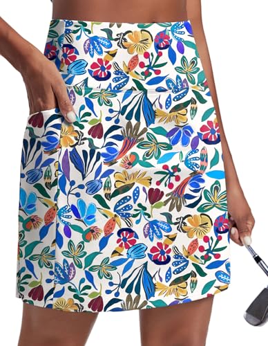 PINSPARK Womens Activewear Skirts & Skorts Lightweight Golf Skort with Tummy Control Above Knee Length Skirts Casual Summer Nature Floral Large
