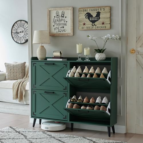 Shoe Storage Cabinet,Farmhouse Shoe Organizer with 4 Flip Drawers & Barn Door Design,Freestanding Hidden Slim Narrow Shoe Rack Cabinet for Entryway,Foyer,Hallway,Green Green 4-Drawers