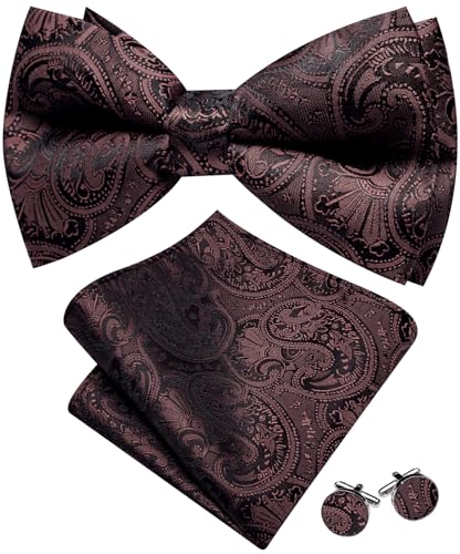 Image of Barry.Wang Paisley Striped Bow Tie for Men Silk Pre-Tied Bowtie Pocket Square Cufflinks Set Formal Wedding Party Prom