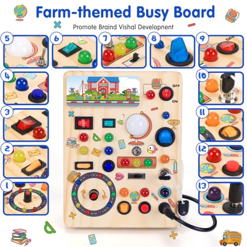 Image of Busy Board with LED Light Switches, Montessori Toys for 1 2 3 Years Old, Toddlers Wooden Toy Sensory Activity Board, Travel Toys for 1+ Year Old Boy & Girl Birthday Gift (School)