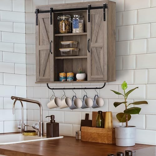 RUSTOWN Rustic Wood Wall Storage Cabinet with Two Sliding Barn Door, 3-Tier Decorative Farmhouse Vintage Cabinet for Kitchen Dining, Bathroom, Living Room, Washed Oak