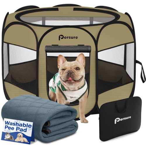 Image of Dog Cat Playpen Indoor Outdoor for Puppy Pet Dog Cat Recovery After Surgery | Dog Tent Crates Cage Indoor /Outdoor, Portable Pop Up Kennel with Carrying Case for Travel (Khaki with Pad, Medium)