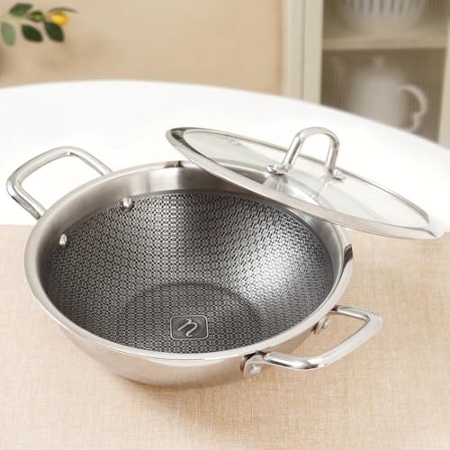 Nestasia Triply Stainless Steel Honeycomb Kadai with Glass Lid 26 cm (3.5L) - Non Stick Kadhai with Air Vent Lid for Healthy Cooking | Induction & Gas Stove Friendly, Even Heating, Less Oil Use